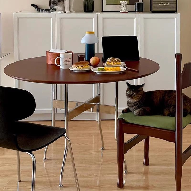 Vintage Round Dining Table Solid Wood Tabletop Carbon Steel Legs Mid‑Century Dining Table For Home Kitchen Dining Room