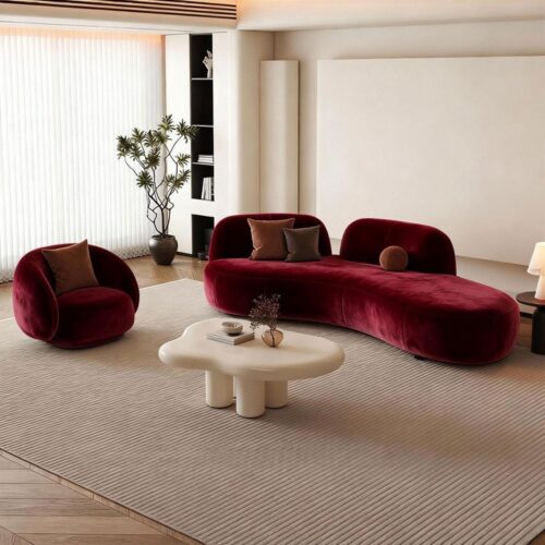 Wine-red Curved Fabric Sofa, Simple and Modern - Living room furniture - QONKA HOME