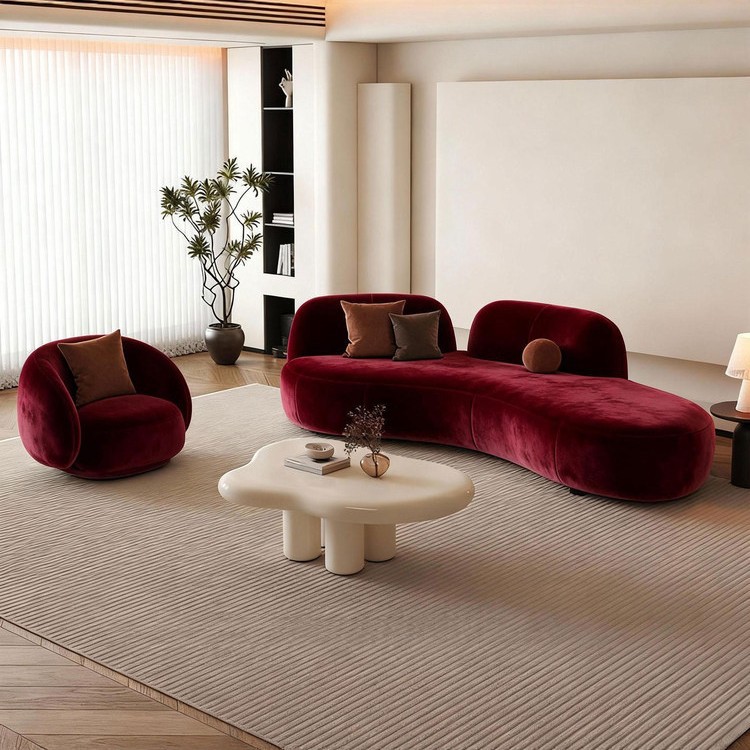 Wine-red Curved Fabric Sofa, Simple and Modern