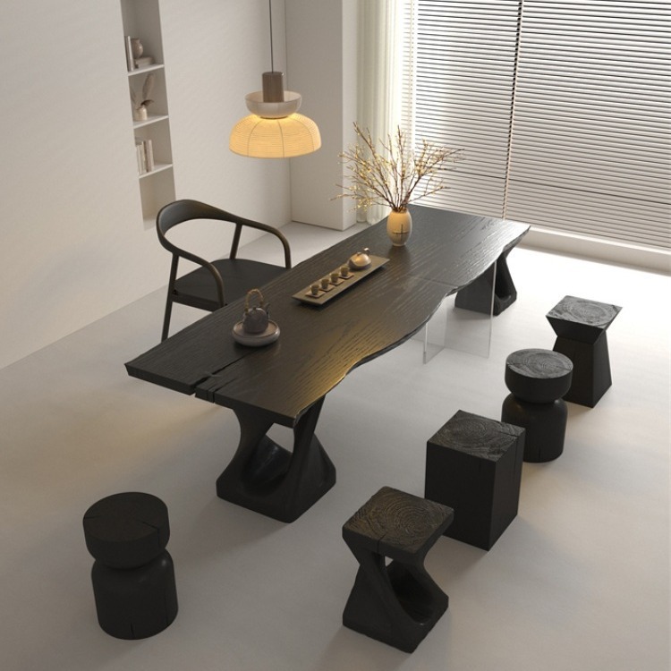 Solid Pine Wood Dining Table, Irregular Live‑Edge Tabletop, Modern Wabi‑Sabi Style Dining Desk