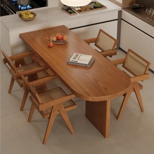 Solid Wood Rounded‑End Dining Table, Pine / Ash Wood Optional, Modern Mid‑Century Rectangular Dinner Table - Dining ta...