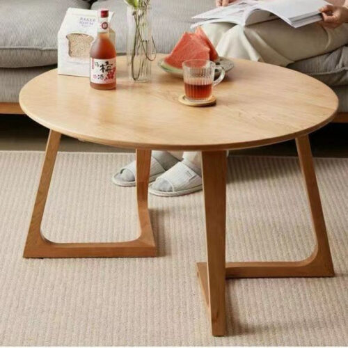 Modern Round Wood Grain Coffee Table, Minimalist Cross V-shape Leg Wooden Center Table - Bedside table - QONKA HOME
