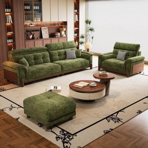 French-style Vintage Sofa, Green Chenille Solid Wood Sofa with Straight Backrest - Living room furniture - QONKA HOME