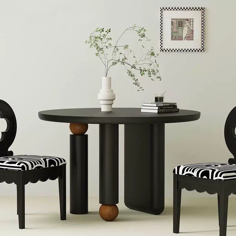 Round Solid Wood Dining Table with Ball Decor, Pine & Ash Wood Dining Table for Home Dining Room