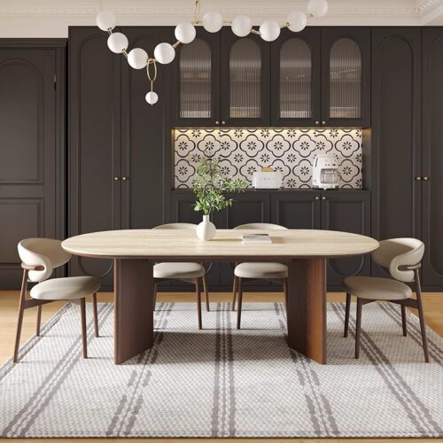 Oval Sintered Stone Dining Table With Solid Wood Legs Mid Century Home Dinner Table - Dining table - QONKA HOME