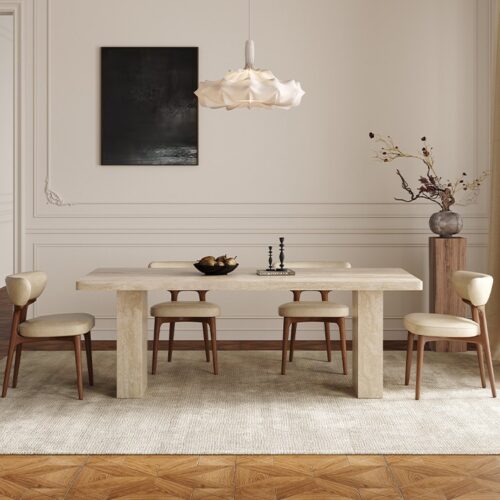 Modern Travertine‑Effect Sintered Stone Dining Table, Rectangular Stone Dining Table for Home Dining Room - Dining table...