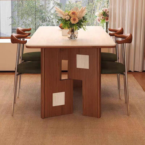 Art Geometric Dining Table, Sintered Stone Tabletop with Ash Wood Frame for Home Dining Room - Dining table - QONKA HOME