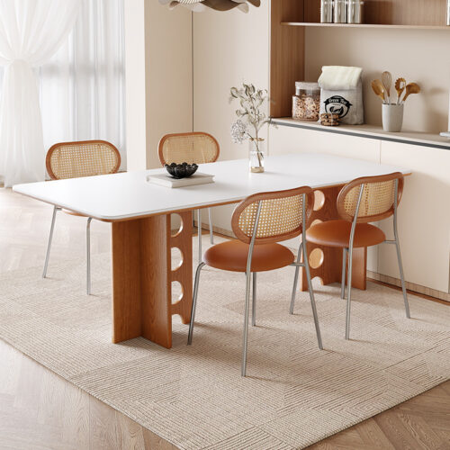 Retro Hollow‑Leg Dining Table, Sintered Stone Tabletop with Solid Ash Wood Frame for Home Dining Room - Dining table - Q...