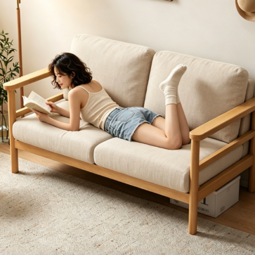 Rustic-Style Cotton-Linen Solid Wood Upholstered Sofa - Living room furniture - QONKA HOME