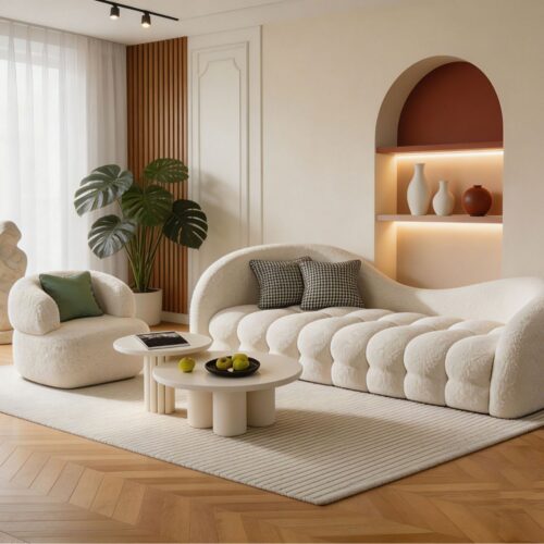 Upholstered Curved Sofa, Cream-colored, with Lambswool Fabric - Living room furniture - QONKA HOME