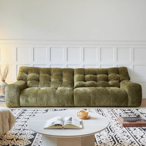 French Mid-Century Style Sofa, High-End Chenille Sofa, Vintage Green Living Room Sofa - Living room furniture - QONKA HOME