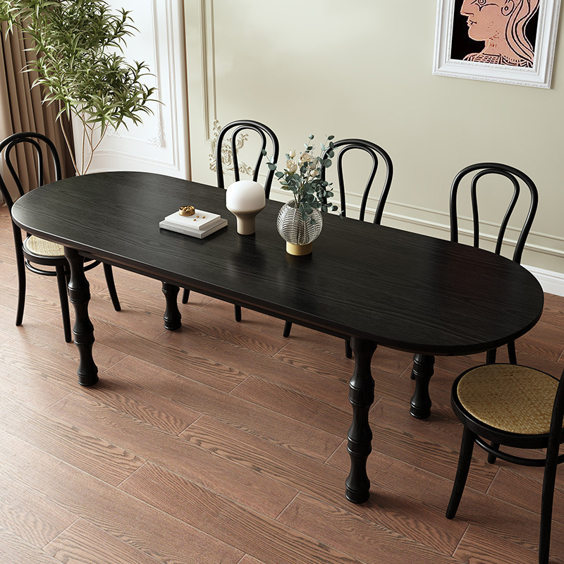 Oval Solid Pine Wood Dining Table Vintage Turned Leg Black Dinner Table - Dining table - QONKA HOME