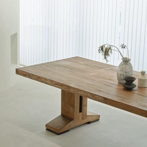Rectangular Solid Pine Wood Dining Table Wabi Sabi Farmhouse Style Dinner Table - Dining table - QONKA HOME