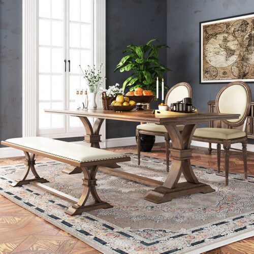 Rectangular Solid Pine Wood Dining Table Farmhouse Trestle Leg Dinner Table - Dining table - QONKA HOME