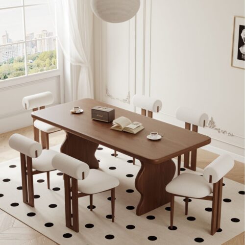 Rectangular Solid Pine Wood Dining Table Wavy Sculptural Leg Mid Century Dinner Table - Dining table - QONKA HOME