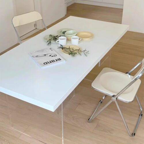 Rectangular Solid Wood Table with Acrylic Legs Minimalist White Dining Desk - Dining table - QONKA HOME