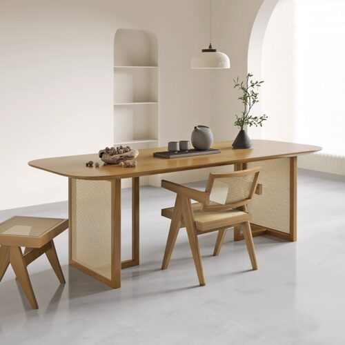 Oval Solid Wood Dining Table Rattan Panel Leg Wabi Sabi Dinner Table Pine / Ash Wood Optional - Dining table - QONKA HOME