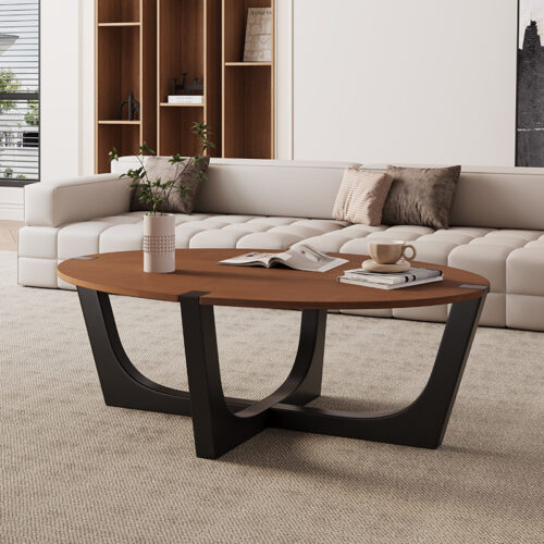 Oval & Round Solid Wood Coffee Table with Black Metal Legs, Modern Living Room Center Table - Coffee table - QONKA HOME