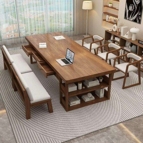 Solid Pine Wood Multi-function Dining Table with Side Drawers & Bottom Storage Shelf - Dining table - QONKA HOME