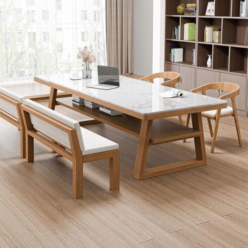 Rectangular Sintered Stone Dining Table Solid Pine Wood Frame With Bottom Storage Shelf - Dining table - QONKA HOME