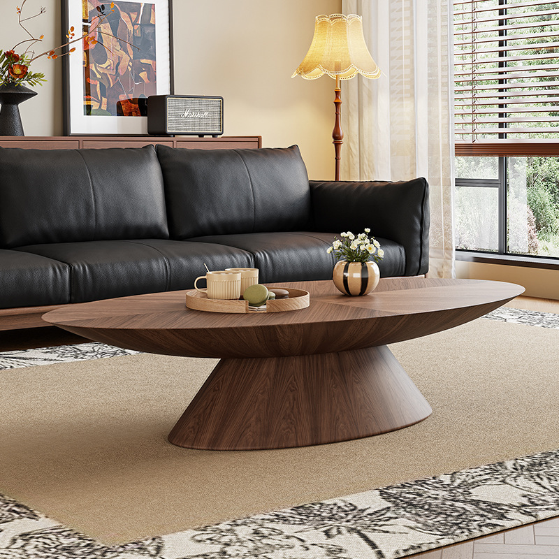 Mid‑Century Modern Oval Walnut Coffee Table, Pedestal Base Wood Coffee Table