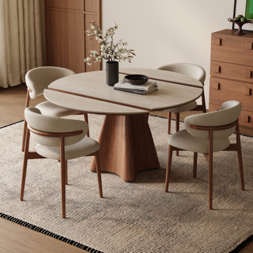Extendable Round Dining Table Sintered Stone Top with Solid Wood Base and Fiberglass Table Leg - Dining table - QONKA HOME
