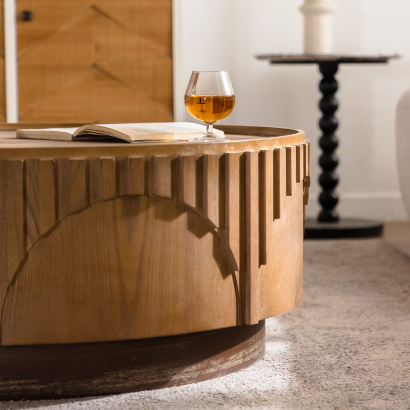 Mid‑Century Round Wood Coffee Table, Carved Fluted Pedestal Center Table, Vintage Distressed Wooden Tea Table