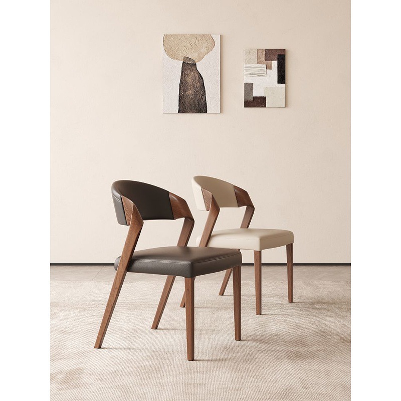 Italian Minimalist Solid Wood Arm Dining Chair PU Leather Upholstered Side Chair Ergonomic Curved Backrest Chair