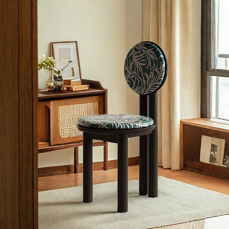 Vintage Solid Wood Dining Chair With Round Hollow Backrest, Cream Boucle Teddy Fabric Upholstered Seat, Mid Century Modern Designer Side Chair For Dining Room Kitchen