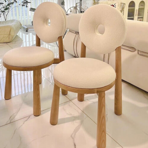 Solid Wood Dining Chair Donut Round Back Teddy Fabric Upholstered Makeup Stool for Bedroom Cafe Home Restaurant - Solid wo...