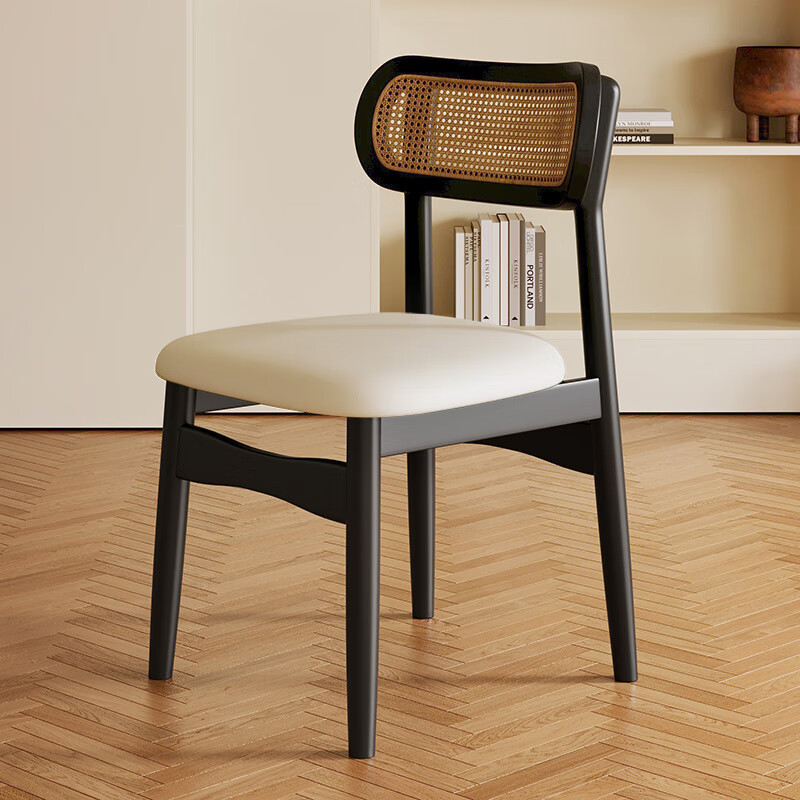Solid Wood Rattan Back Dining Chair PU Leather Upholstered Seat Retro Woven Dining Chair Custom Color For Home Restaurant Hotel