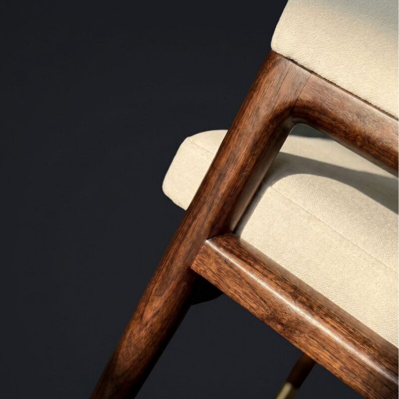Luxury Curved Arm Solid Wood Dining Chair,  High-End Ash Wood Fabric Upholstered Chair With Metal Trim For Villa Hotel