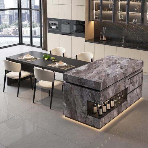 Modern Sintered Stone Dining Table with Solid Wood Cabinet Kitchen Island Integrated with LED Light - Dining table - QONKA...