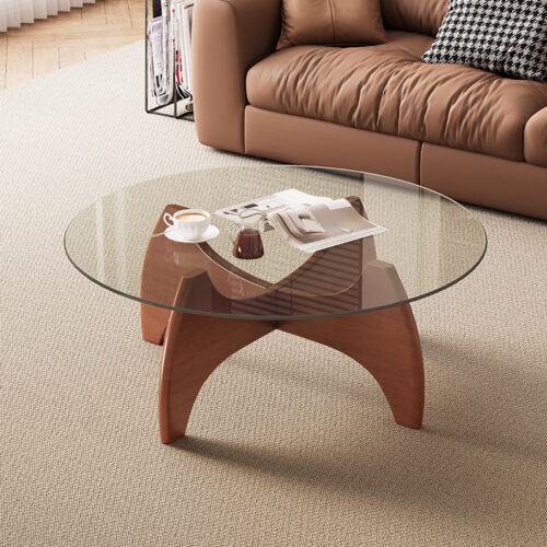 Mid‑Century Round Clear Glass Coffee Table, Tripod Wooden Leg Transparent Center Table - Coffee table - QONKA HOME