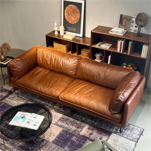 Vintage Genuine Leather Sofa, Italian Minimalist Top-Grain Cowhide - Living room furniture - QONKA HOME