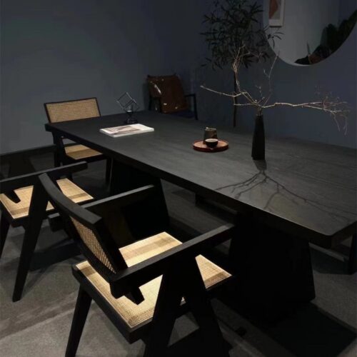 Solid Wood Dining Table, Pine / Ash Wood, Black Carbonized Finish, Modern Wabi‑Sabi Rectangular Dinner Table - Dining ta...