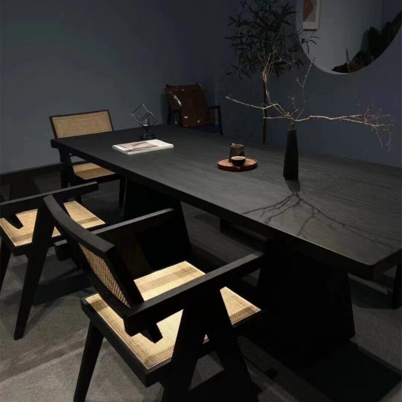 Solid Wood Dining Table, Pine / Ash Wood, Black Carbonized Finish, Modern Wabi‑Sabi Rectangular Dinner Table