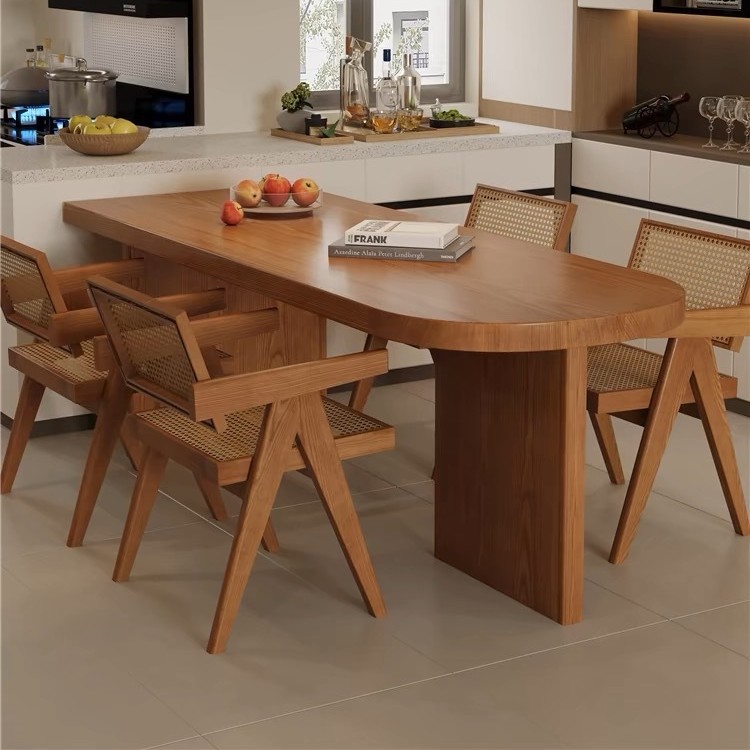 Solid Wood Rounded‑End Dining Table, Pine / Ash Wood Optional, Modern Mid‑Century Rectangular Dinner Table