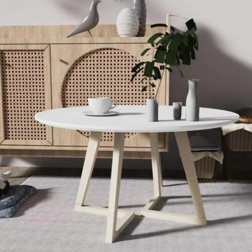 Modern Round Wood Grain Coffee Table, Minimalist Cross V-shape Leg Wooden Center Table - Bedside table - QONKA HOME