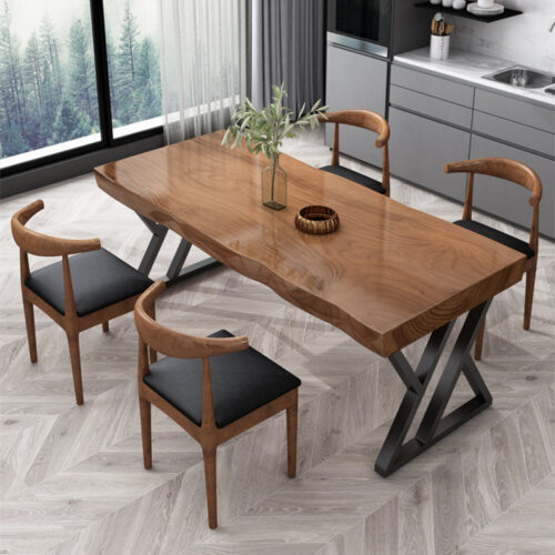 Solid Wood Dining Table, Pine Tabletop With X‑Shape Metal Iron Base Rectangular Live‑Edge Dining Table - Dining table ...