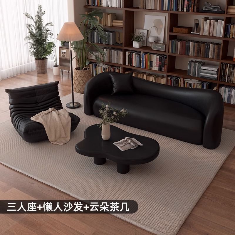 Italian-style Leather Sofa in Black, Vintage and Minimalist