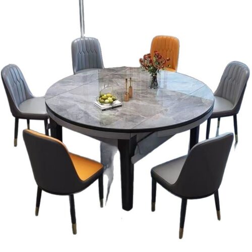 Extendable Dining Table with Sintered Stone Top & Rubber Wood Frame, Round to Oval Convertible Dinner Table for Home ...