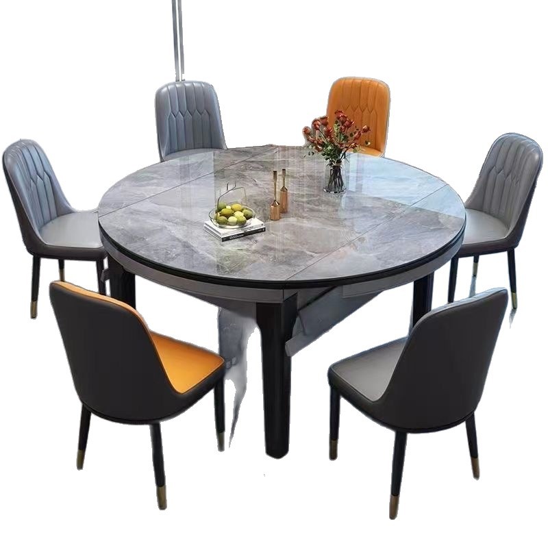 Extendable Dining Table with Sintered Stone Top & Rubber Wood Frame, Round to Oval Convertible Dinner Table for Home Dining Room