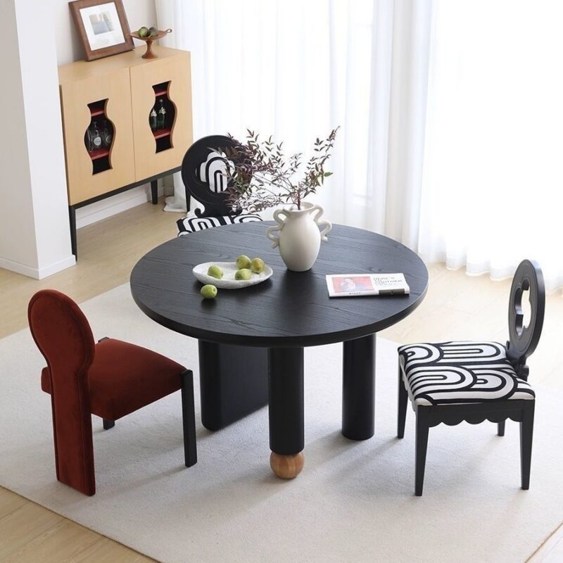Round Solid Wood Dining Table with Ball Decor, Pine & Ash Wood Dining Table for Home Dining Room