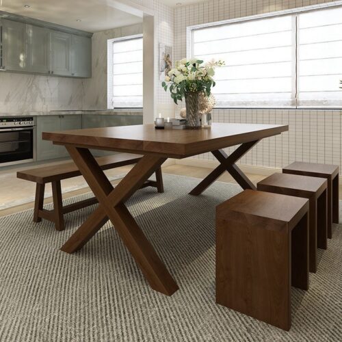 Solid Pine Wood Rectangular Dining Table, X‑Leg Farmhouse Dining Table for Dining Room - Dining table - QONKA HOME