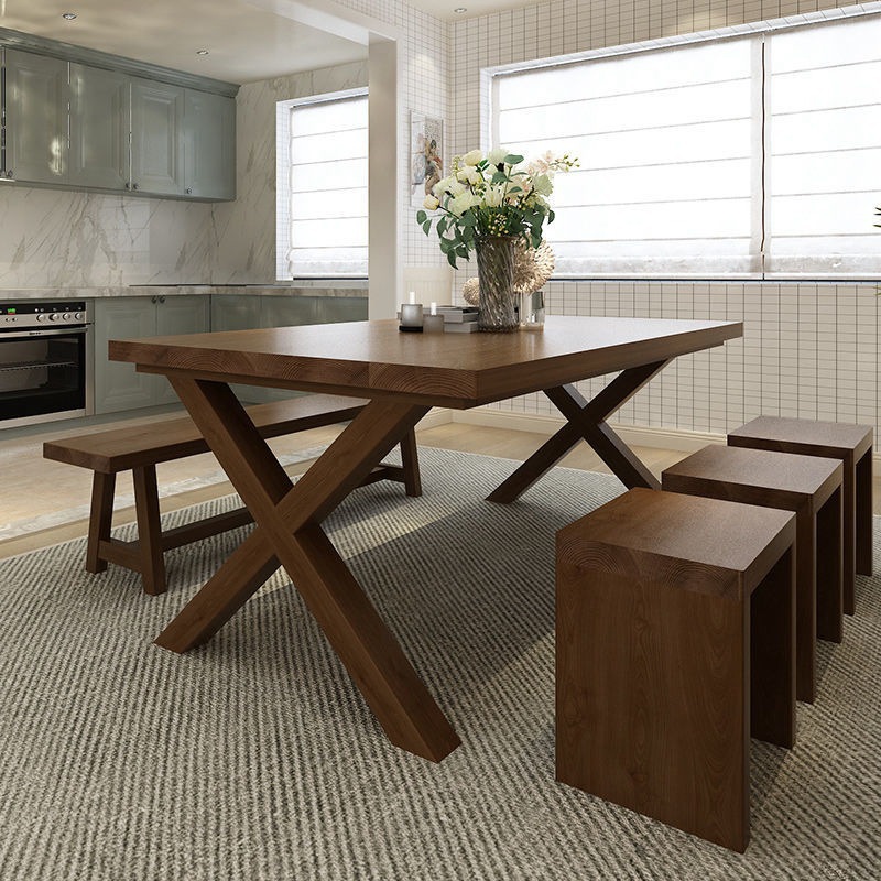 Solid Pine Wood Rectangular Dining Table, X‑Leg Farmhouse Dining Table for Dining Room
