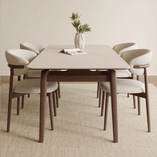 Modern Curved Leg Dining Table, Sintered Stone Tabletop with Solid Rubber Wood Frame for Dining Room - Dining table - QONK...