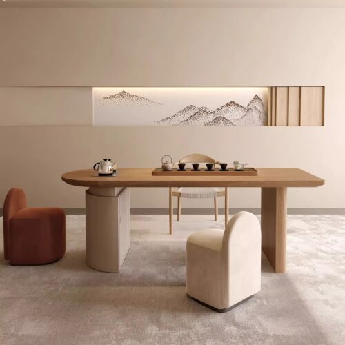 Wabi‑Sabi Solid Pine Wood Dining Table, Oval Multi‑Purpose Dining Table for Home Dining Room - Dining table - QONKA HOME