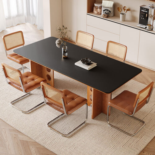 Retro Hollow‑Leg Dining Table, Sintered Stone Tabletop with Solid Ash Wood Frame for Home Dining Room - Dining table - Q...