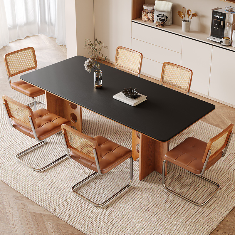 Retro Hollow‑Leg Dining Table, Sintered Stone Tabletop with Solid Ash Wood Frame for Home Dining Room